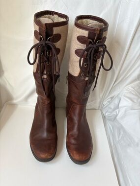 UGG Elsa Brown Leather and Cream Canvas Lace-Up Tall Boots